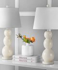 Jayne Modern Contemporary Glass 3 Sphere Table Lamps Set Of 2 In Light Gray With 28 Inch Tall Fabric Drum Shades LED Bulbs Included