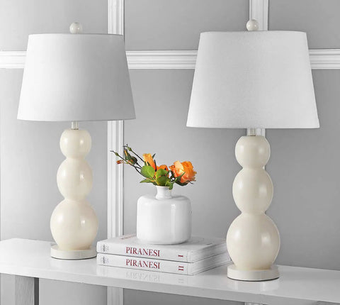 Jayne Modern Contemporary Glass 3 Sphere Table Lamps Set Of 2 In Light Gray With 28 Inch Tall Fabric Drum Shades LED Bulbs Included