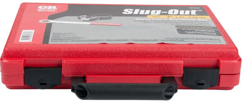 Heavy Duty Mechanical Slug Out And Ratchet Wrench Kit, 1/2 To 2 Inch Conduit Punch Set With Dies And Drives, 10 AWG Mild Steel Rated, Hella Tough Rig Gear For Tradesmen In Black, red carrying case front view