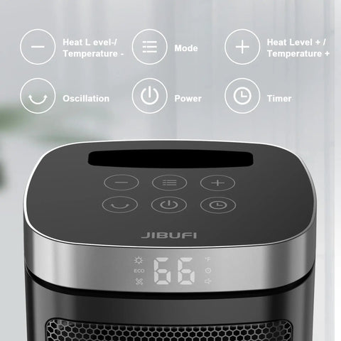Control panel of Portable 1500W PTC Space Heater With 70 Degree Rotating Head, displaying temperature and operation settings.