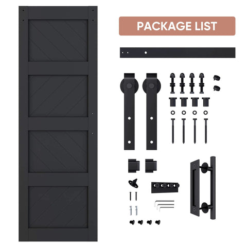 Slim 28 By 84 Inch Wave Shape Black Sliding Barn Door With Hardware Kit, Four Panel, Waterproof, Pre Drilled