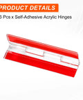 Six Piece Clear Acrylic Hinges, 100x42mm Invisible Self Adhesive Backing, 275 Degree Swivel, Flat Out Dependable For Cabinets, Display Stands, And Diy Woodworking, Smooth As Silk Operation - close-up of hinge on red background.