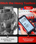 Comparison of a traditional heavy toolbox and the Digital Multimeter With Rechargeable Battery, 6000 Counts True RMS