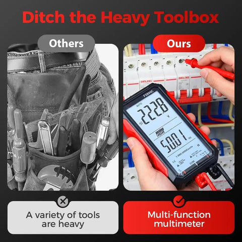 Comparison of a traditional heavy toolbox and the Digital Multimeter With Rechargeable Battery, 6000 Counts True RMS