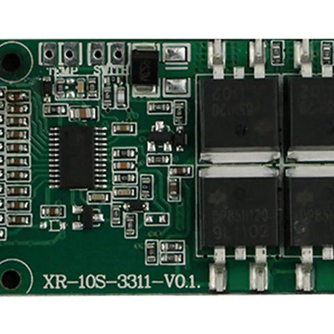 No Sweat Setup BMS 10S 36V 15A Li Ion Battery Management System PC Board top view with detailed circuit components.