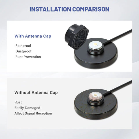 Installation comparison showing NMO Antenna Mount Cap With O Ring Seal Dust Weather Rain Cover for outdoor installations