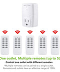 Wireless Remote Control Outlet Switch Kit With 5 Outlets And 2 Remotes, showing multiple remote controls in white.