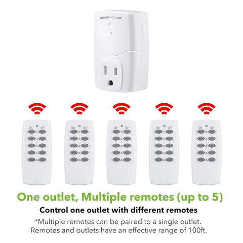 Wireless Remote Control Outlet Switch Kit With 5 Outlets And 2 Remotes, showing multiple remote controls in white.