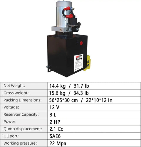 Heavy Duty Single Acting Hydraulic Pump 8 Quart Power Unit With 12V DC Motor And SAE #6 Fittings for heavy equipment use.