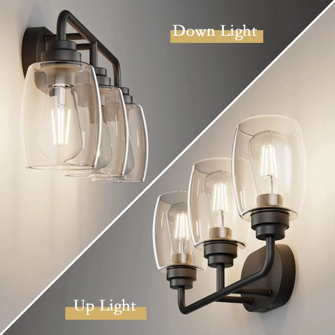 Split image showing Three Light Black Vanity Light Fixtures Over Mirror With Clear Glass Shades, both up and down light options.