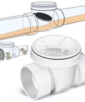 Diagram and photo of 4 Inch Backwater Valve Drain Backflow Preventer for Sewage and Rainwater, White PVC, DIY Friendly Easy Install.