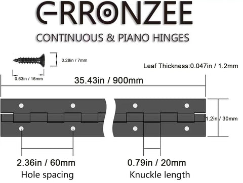 Badass Heavy Duty Piano Hinge Thirty Six Inches Long By One Point Two Inches Wide with dimensions and screw details.
