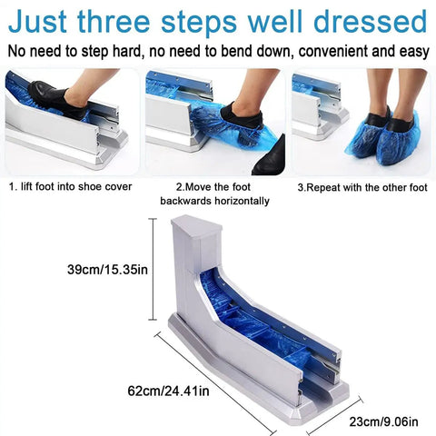 Zero Fuss Automatic Shoe Cover Dispenser Tray holding durable weatherproof plastic foot sleeves, easy hands-free use.