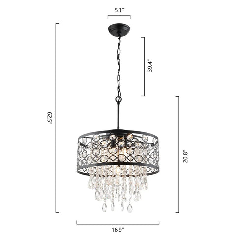 Five Light Crystal Drum Chandelier Pendant Light With Round Hanging Fixture, ETL Listed, Adjustable Chain, Sleek Black Finish