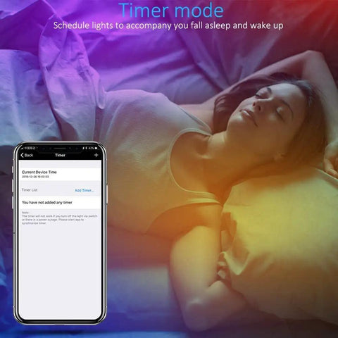 Woman sleeping under colorful light with phone app; 6-Inch Smart LED Recessed Downlights 15W RGBCW 2700K-6500K Multicolor timer mode.