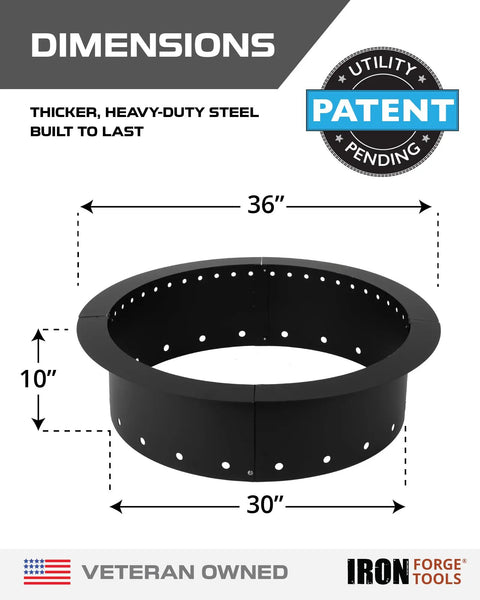Diagram showing the Smokeless Fire Pit Ring 36 Inch Outer Diameter With 30 Inch Inner Insert Liner Heavy Duty Steel dimensions.