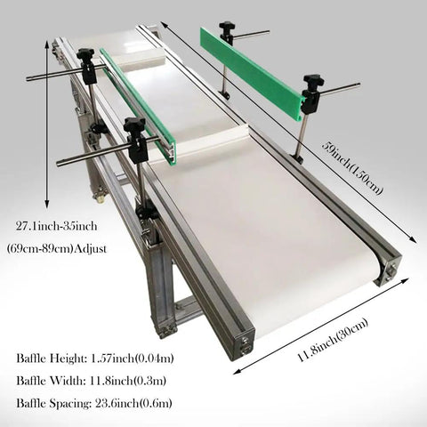 PVC Flat Belt Conveyor With Aluminum Frame Heavy Duty 59x11.8 Inch Industrial Transport Belt System 110V 120W, dimensions shown