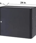 24 Inch Garage Wall Storage Cabinet With Heavy Duty 22 Gauge Steel Wall Mount Design Adjustable Shelf Reversible Door For Tool Storage Cleaning Supplies And Small Gear In Black, front view with dimensions.