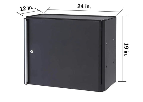 24 Inch Garage Wall Storage Cabinet With Heavy Duty 22 Gauge Steel Wall Mount Design Adjustable Shelf Reversible Door For Tool Storage Cleaning Supplies And Small Gear In Black, front view with dimensions.