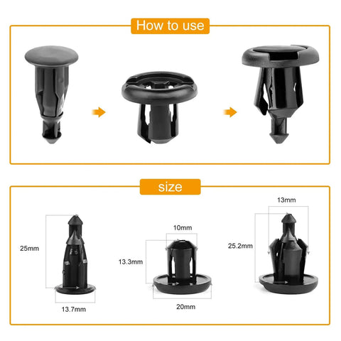 Clean Nylon Fender Clips And Bumper Retainer Kit For Honda And Acura Rides With 40 Pack Expansion Screws detailed sizes and usage guide