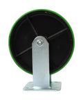 Rock Solid Eight Inch Polyurethane Wheel Plate Casters Featuring Polished Galvanized Steel Hub side view of green caster wheel with mounting plate