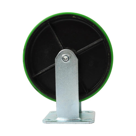 Rock Solid Eight Inch Polyurethane Wheel Plate Casters Featuring Polished Galvanized Steel Hub side view of green caster wheel with mounting plate