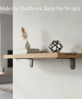 Solid Stainless Steel Floating Shelf Brackets With Hidden Wall Mount Hardware For Wood Shelves, brushed finish, under wood shelf