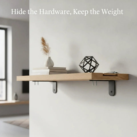 Solid Stainless Steel Floating Shelf Brackets With Hidden Wall Mount Hardware For Wood Shelves, brushed finish, under wood shelf