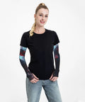 Crisp Dragon Print UV Defense Arm Sleeves With Tattoo Cover And Breathable Stretch Fit For Running Cycling Golf And All Your Favorite Outdoor Vibes Straight Up Comfort And Fly Style For Guys And Ladies worn by a woman in a black t-shirt.