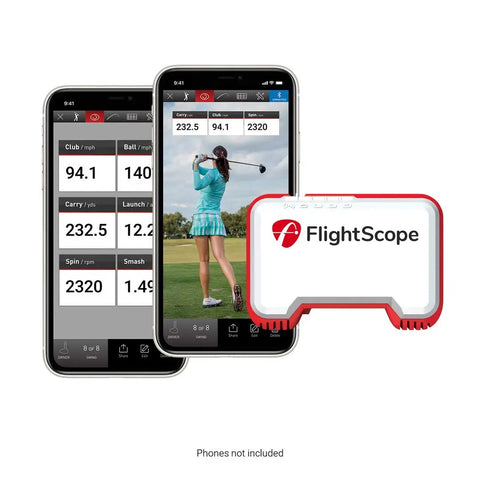 Mevo Portable Golf Launch Monitor And Rangefinder With Signature Gift Bundle showing real-time data on smartphones