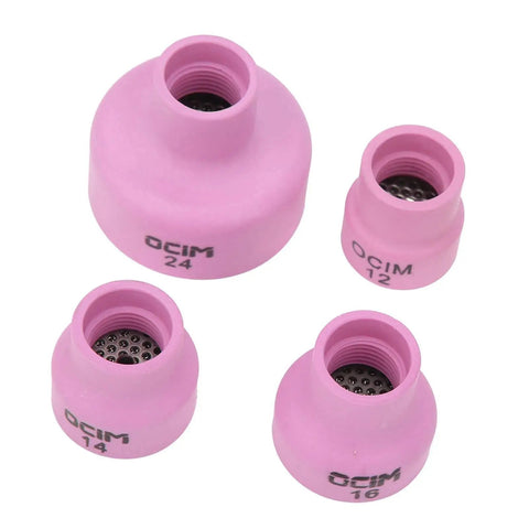 Professional Grade Alumina Welding Cup Set With Ceramic Torch Kit For Industrial Supplies And TIG Enthusiasts Featuring Easy User-Friendly Installation And Superior Durability To Supercharge Your Fabrication Game Today, showcasing four pink alumina welding cups.