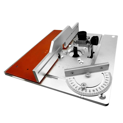 Bully Tough Aluminium Router Table Insert Plate With Wood Milling Flip Board And Backing Gauge Set For Plug And Play Bench Setup featuring a profile view of the aluminum insert plate.