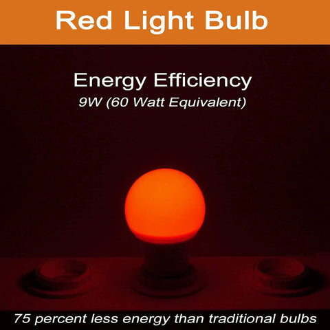 Red LED Light Bulbs 9W 60W Equivalent E26 A19 120V Four Pack For Bedroom Porch Holidays Parties Valentines Day Halloween Christmas Home Decor Cozy Red Mood Lighting glowing bulb image