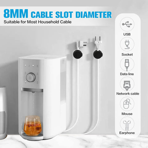 Six Piece Cord Organizer Set With 360 Degree Rotating Cable Clips and Strong Adhesive installed on wall, managing cables neatly.