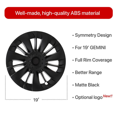 Fresh Multi Spoke Wheel Cover, 19 Inch matte black ABS material for Tesla Model Y 2020 to 2024, full rim coverage, top view.