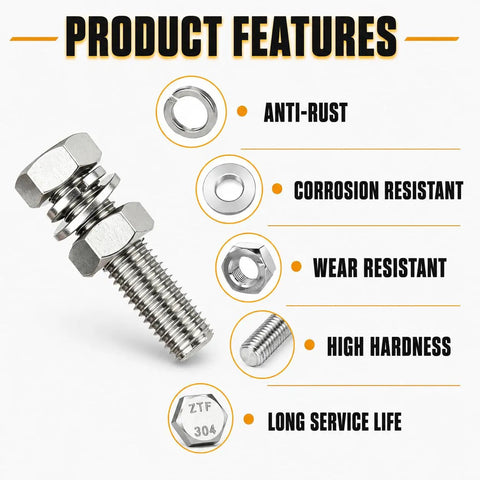 752 Piece Stainless Steel Hex Nuts And Bolts Kit With SAE Hex Bolts, Nuts, Flat Washers, And Lock Washers In 1/4-20, 5/16-18, 3/8-16, And 1/2-13, Lengths From 1/2 Inch To 2-1/2 Inches, Heavy-Duty Fastener Set For Home, Garage, And DIY Projects. stainless bolt with nut and washers, 304 steel