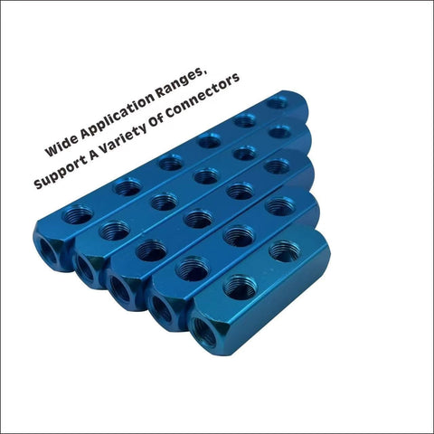 2 Pack One Quarter Inch 3 Way 6 Port Hose Inline Manifold Block Splitter For Pneumatic Air Systems, Aluminum Air Distribution Manifold, Durable Blue Inline Block With Multiple Outlets For Easy Air Distribution