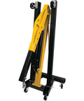 Heavy Duty Rolling Boom Engine Hoist With Two Thousand Pounds Capacity Fold Up Legs, industrial steel build, shown folded for storage.
