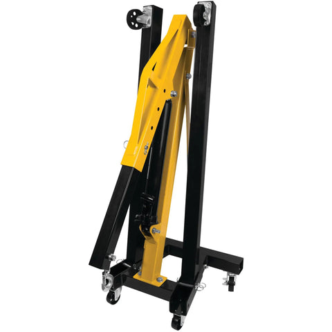 Heavy Duty Rolling Boom Engine Hoist With Two Thousand Pounds Capacity Fold Up Legs, industrial steel build, shown folded for storage.
