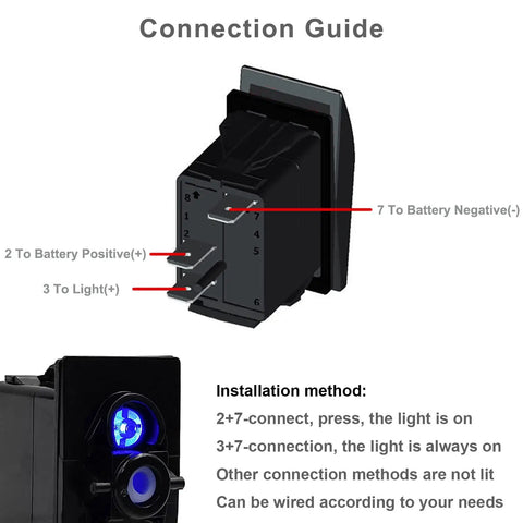 3 Pin Boat Rocker Switch SPST On Off Waterproof IP68 For Marine Use 12V 24V Dual Voltage With Blue LED Indicator, Easy Wiring, Heavy Duty Marine Grade Panel Mount, Ready To Wire For Boats Yachts Pontoon. Connection guide