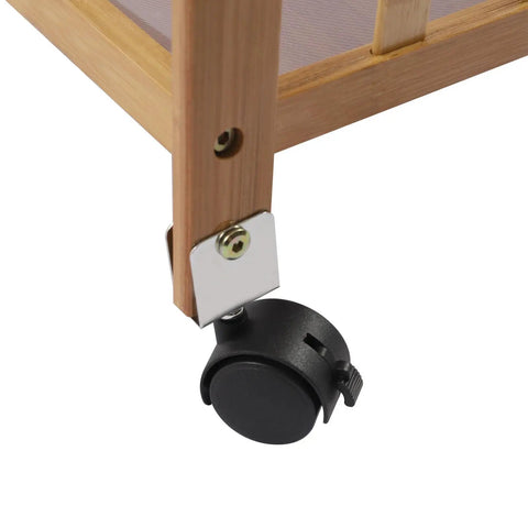 Close-up of the whisper quiet caster wheel on Heavy Duty Carbonized Bamboo Rolling Cart With Whisper Quiet Caster Wheels Plus Roomy Storage Drawers Easy Glide Mobile Kitchen Sidekick For Coffee Bars And Daily Grind Setup.