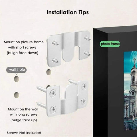 Installation guide for Beefy Heavy Duty Stainless Steel Flush Mount Brackets With Interlocking Clips, showing wall and frame setup.