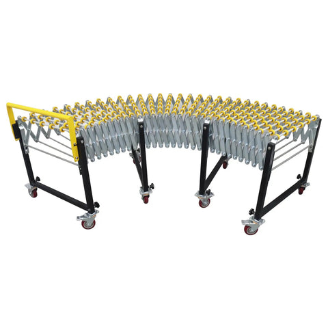 Flexible Portable Conveyor Featuring Abs Rollers Adjustable 47 To 177 Inch Telescopic Gravity Belt in curved design for warehouse use.