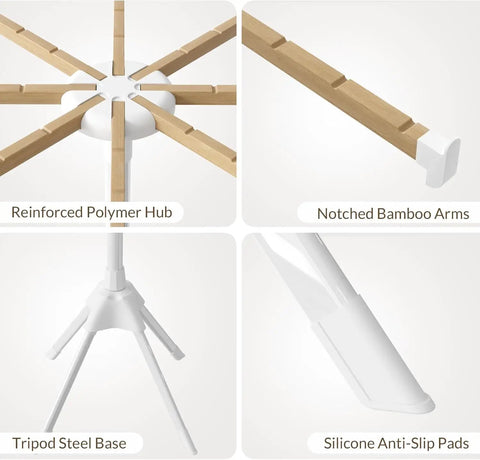 Components of the Foldable Wood Clothes Drying Rack With Eight Adjustable Rods for indoor and outdoor use.