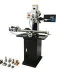 Badass 1300W Brushless Milling And Drilling Machine With R8 Taper Power Feed And Three Axis DRO on bench with parts and digital display.