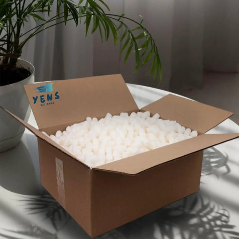 Hassle Free Biodegradable Corn Starch Packing Peanuts Bulk For Moving And Shipping in an open cardboard box.