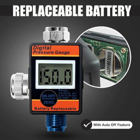 LE LEMATEC digital air pressure regulator with LED display gauge, 1/4 NPT valve, black/orange compact unit