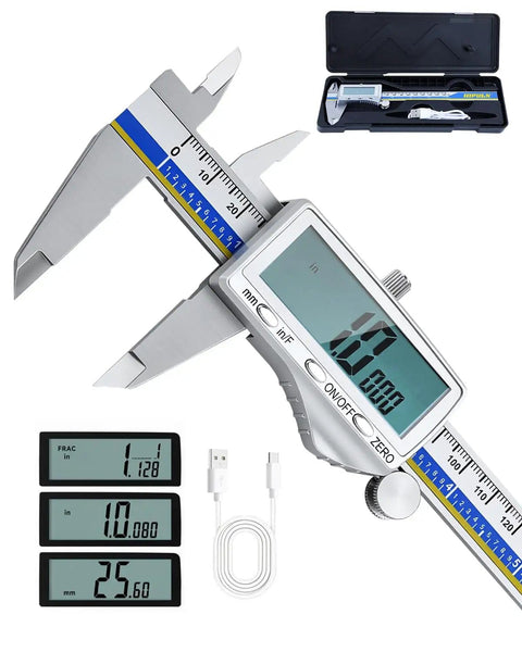 6 Inch Digital Caliper With USB C Charging Stainless Steel Measuring Tool, large LCD, USB cable, case view