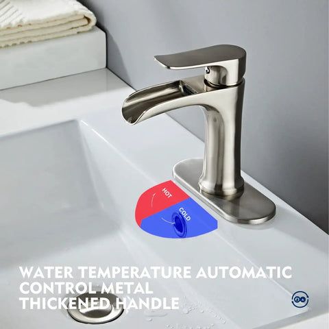 Brushed Nickel Waterfall Bathroom Faucet With Single Hole Design, Single Handle Sink Faucet With Pop Up Drain, Easy Install