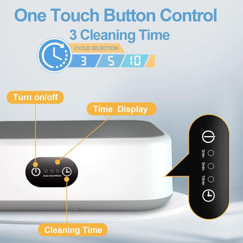 Portable Ultrasonic Jewelry Cleaner 22 Oz With 40W Power And 49kHz Vibration control panel showing timer options
